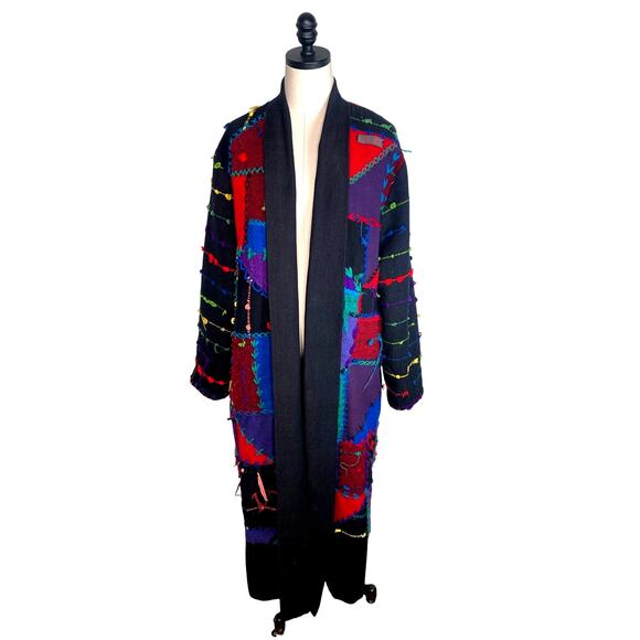 RARE! Vintage 90s COOGI Mens S Woven 3D Sweater Coat Long Duster Cardigan Black - Picture 2 of 16